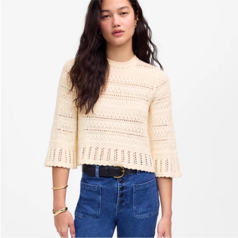 Madewell Cream Open Knit Scalloped-Trim Sweater